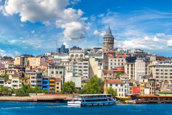 Cityscape with Galata Tower and Gulf of the Golden Horn in Istanbul, Turkey in a beautiful summer day