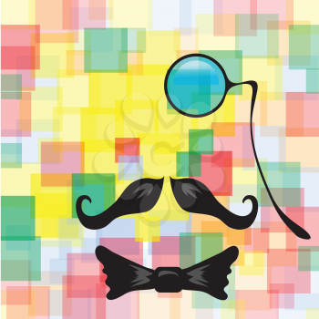 colorful illustration with abstract vintage silhouette of monocle, mustaches and a bow tie  for your design