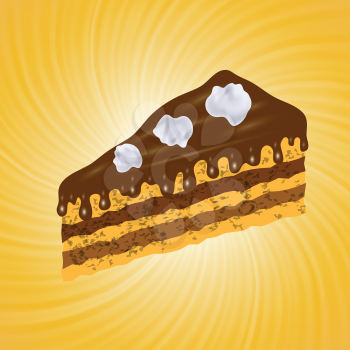 colorful illustration with piece of chocolate cake on orange background for your design
