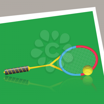 colorful illustration with tennis racket and ball on a green background