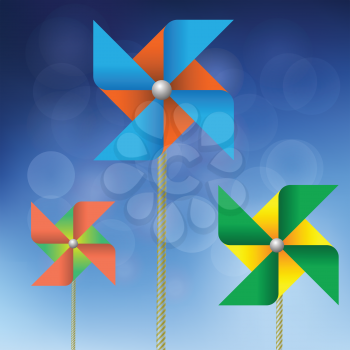  illustration with colorful windmills on a blue background for your design