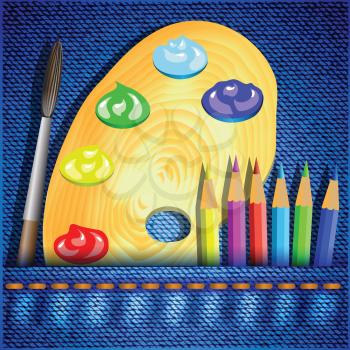 colorful illustration with pencils and paintbrush on a jeans background for your design