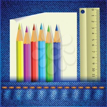 Colorful illustration with pencils on a blue jeans background for your design