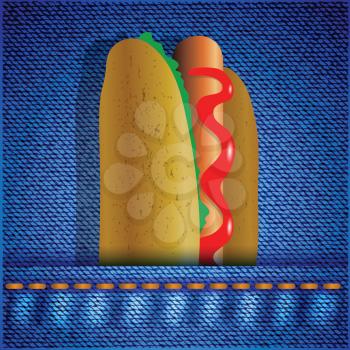 colorful illustration with hot dog on a blue cotton background for your design