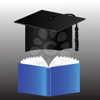 colorful illustration with black graduation cap and blue book