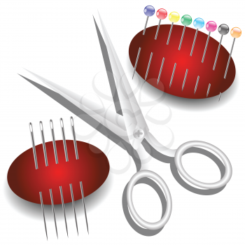 colorful illustration with scissors, needles and pins on a white background