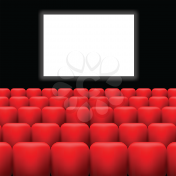 colorful illustration with cinema screen  and red seats on a dark background