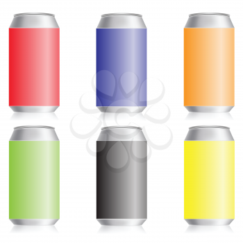 colorful illustration with metal drink cans on a white background