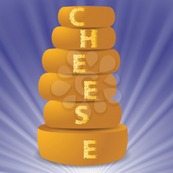colorful illustration with  cheese letters and cheese  on a blue wave background