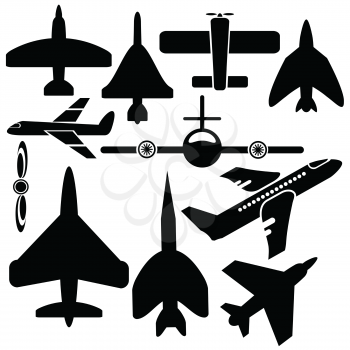  illustration with silhouettes airplane icons  on  a white background