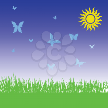 colorful illustration  with grass and butterflies on spring background
