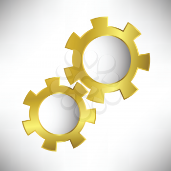 Illustration  with gold gears isolated on white background. Gear collection. Set of gold gear wheels. Yellow cogs useful for your design. 