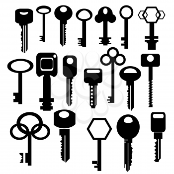 Illustration  with silhouettes of keys isolated on white  background. Graphic Design Useful For Your Design. Set of old and modern key icons.