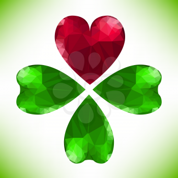 Four- leaf clover - Irish shamrock St Patrick's Day symbol. Useful for your design. Green glass clover  and red heart. St. Patrick's day green leaf isolated on white background. 