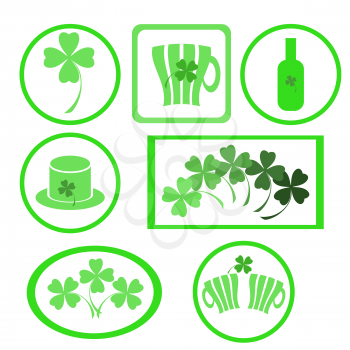 Four- leaf clover - Irish shamrock St Patrick's Day symbol. Useful for your design. Green  clover labels. St. Patrick's day green icons  on white background.