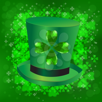 Four- leaf clover - Irish shamrock St Patrick's Day symbol. Useful for your design. Green glass clover  and green hat. St. Patrick's day green leaves on green background.