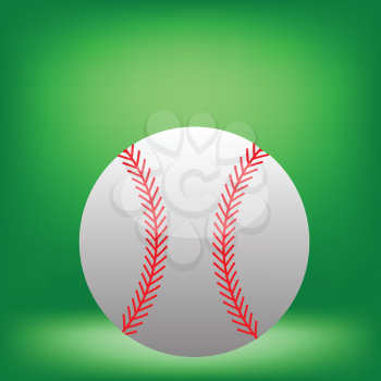 White baseball  on green background with clipping path. Baseball in white leather with red stitches.