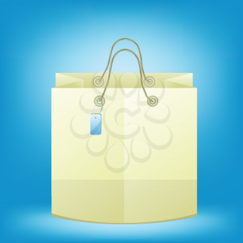 Paper shopping bag with paper handles and funky tag. Brown shopping bag on blue background. Empty shopping bag  for advertising and branding.
  