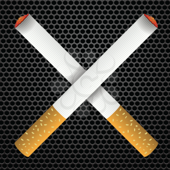 Realistic cigarettes  on bark metal perforated background. Cigarettes burns. 