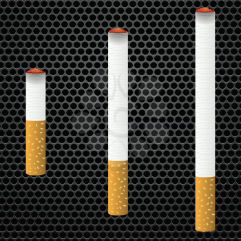 Realistic cigarettes  on bark metal perforated background. Cigarettes burns.