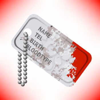 Military Dog Tag Stained with Blood on Red Background. Silver Identity Tag.