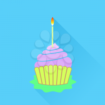 Sweet Cupcake Icon Isolated on Blue Background.