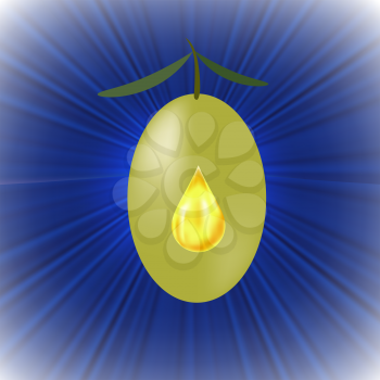Green Olive with Olive Oil Drop on Blue Wave Background.