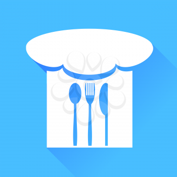 Spoon, Fork, Knife and Chef Hat Isolated on Blue Background