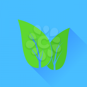 Green Fresh Leaves Isolated on Blue Background. Organic Symbol.