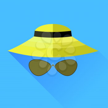 Straw Hat and Glasses Isolated on Blue Background