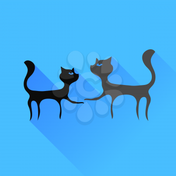 Two Cats Silhouettes Isolated on Blue Background.