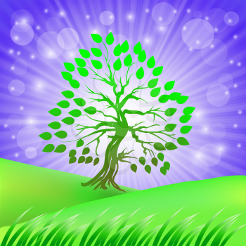 Spring Green Tree on Starry Sky Background