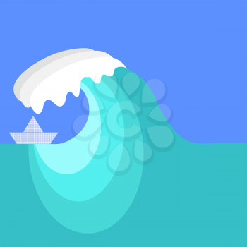 Big Sea Wave and Paper Ship. Sea Wave Background. Marine Storm.