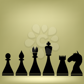Chess Pieces Silhouettes on Grey Background. Pawn and Bishop, Queen,  Rook,Knight 