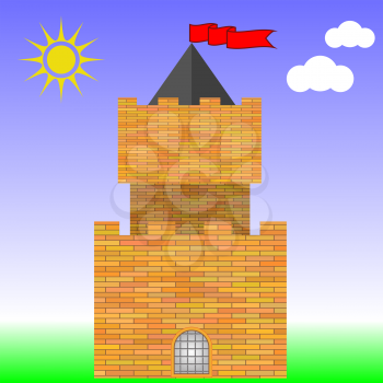 Old Red Brick Castle on Blue Sky Background