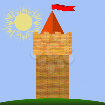 Old Red Brick Castle on Blue Sky Background.