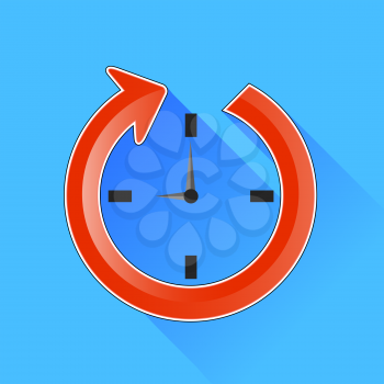 Clock Icon Isolated on Blue Background. Long Shadow.