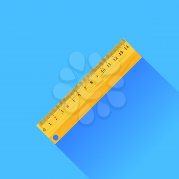 Wooden Ruler Isolated on Blue Background. Long Shadow.