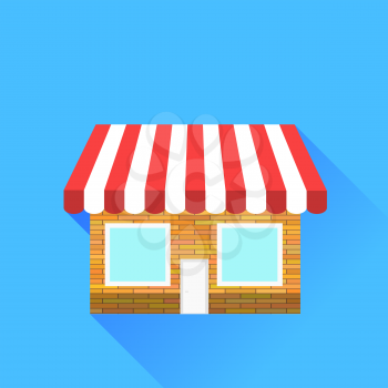 Shop Icon Isolated on Blue Background. Long Shadow.