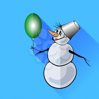 Snowman with Green  Balloon Isolated on Blue Background