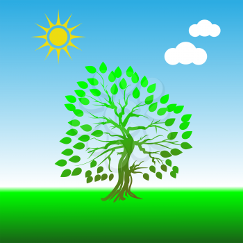 Green Tree on Blue Sky Background for Your Design