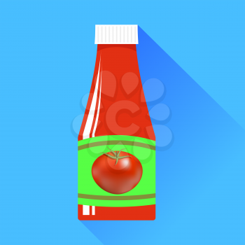 Tomato Ketchup in Glass Bottle on Blue Background