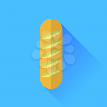 Single Bread Isolated on Blue Background. Long Shadow.