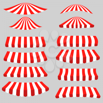 Set of Red White Tents on Grey Background. Striped Awnings.