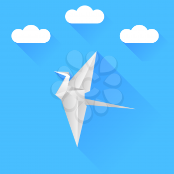 Grey Paper Bird Isolated on Blue Sky Background.