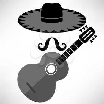 Mexican Guitar with Hat and Mustaches on White Background.