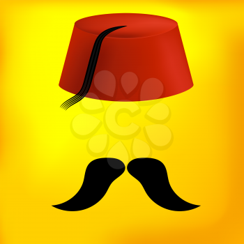 Red Turkish Hat with Black Mustaches on Yellow Background