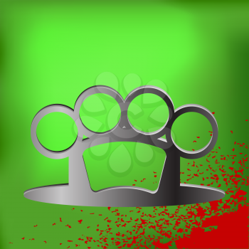 Metal Brass Knuckle and Drops of Blood on Green Background.