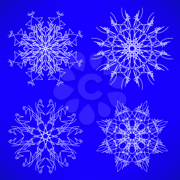 Abstract Winter Snow Flakes Set Isolated on Blue Background.