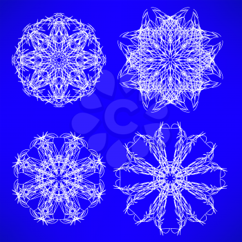 Abstract Geometric Snow Flakes Set Isolated on Blue Background.